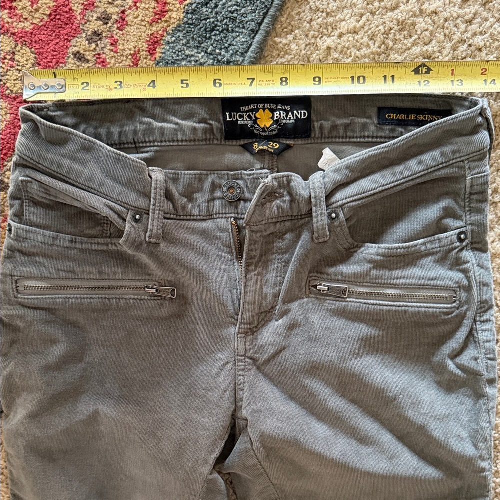 Lucky Brand Olive Gray Charlie Skinny Jeans with Front Zip Details
